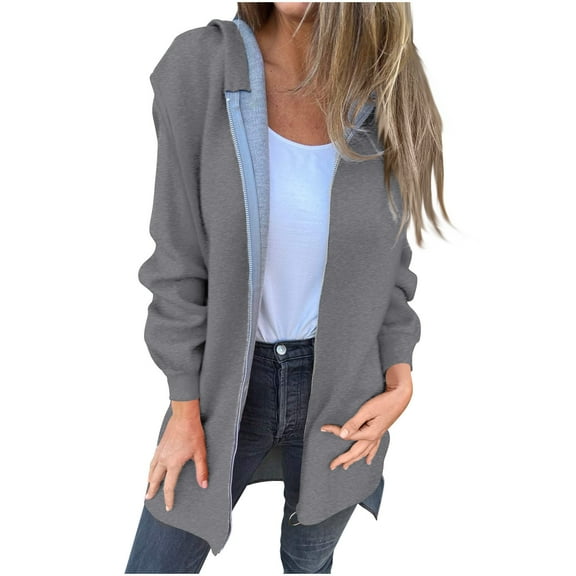 MIUOWANP Jackets for Women Trendy Plus Size Women's Winter New Solid Color Hoodie Medium To Long Pocket Zipper Cardigan Coat Long Sleeve Top