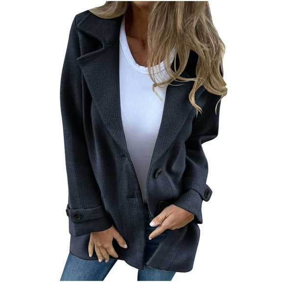 MIUOWANP Jackets for Women Trendy Work Women's Woolen Coat Casual Loose Lapel Fake Pocket Cardigan Long Sleeve Hoodless Casual Coat/jacket
