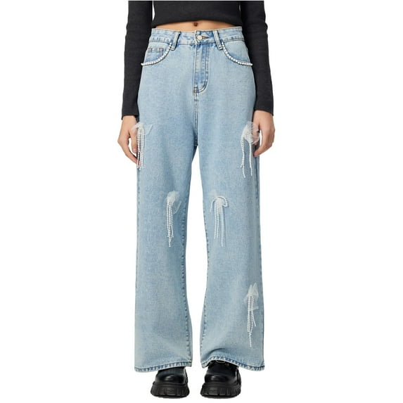 MaFYtyTPR Jeans for Women High Rise Wide Leg Ladies Casual Printed Jeans Pants with Pockets Versatile Blue M