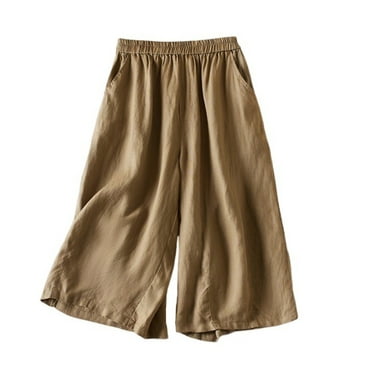 MIUOWANP Khaki Women's Loose Wide Leg Capris, Solid Color Elastic Waist Casual Pants
