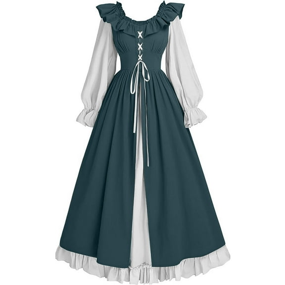 MIUOWANP Long Sleeve Dress for Women Plus Size Medieval Dress Rules Hemline Double Women's Stand Collar Big Ancient Long Skirt Long Sleeve Round Neck Dress On Sale,Size XXXL Green