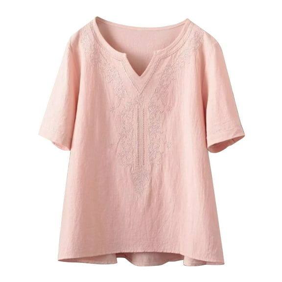 MaFYtyTPR Ladies' Fashi Loose Tops Embroidered Cott and Linen V-neck Short-sleeved Blouse