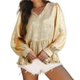 thumbnail image 1 of MIUOWANP Ladies' Fashion Tops Women's New Solid Color Ruffled V-neck Puffy Sleeve Top Long Sleeve V-neck Top/shirt Gold L, 1 of 5