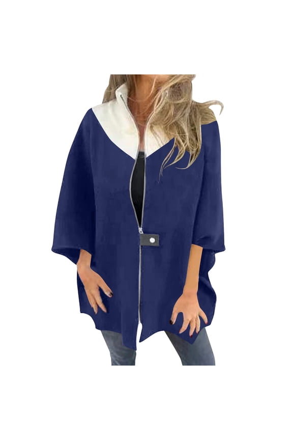 Lady Jacket Cyber and Monday Women's Winter Loose Casual Color Matching Jacket Zipper Stand Collar Woolen Top