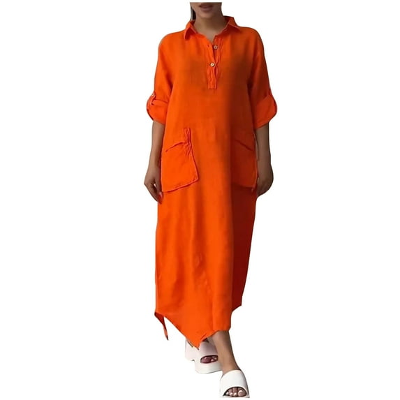 MIUOWANP Long Sleeve Dress for Women Plus Size Womens Spring And Summer V-Neck Solid Cotton And Linen Casual Pocket Long Sleeved Dress On Sale,Size XL Red