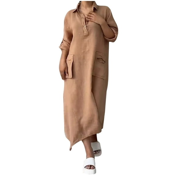 MIUOWANP A Line Dresses for Women 2024 Plus Size Hot Sell Casual Clothing with Multiple Pockets Womens Spring And Summer V-Neck Solid Cotton And Linen Casual Pocket Long Sleeved Dress Size XL Khaki