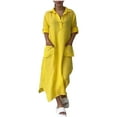 thumbnail image 1 of MIUOWANP A Line Dresses for Women 2024 Plus Size Hot Sell Casual Clothing with Multiple Pockets Womens Spring And Summer V-Neck Solid Cotton And Linen Long Sleeved Dress Size XXXXXL Yellow, 1 of 6