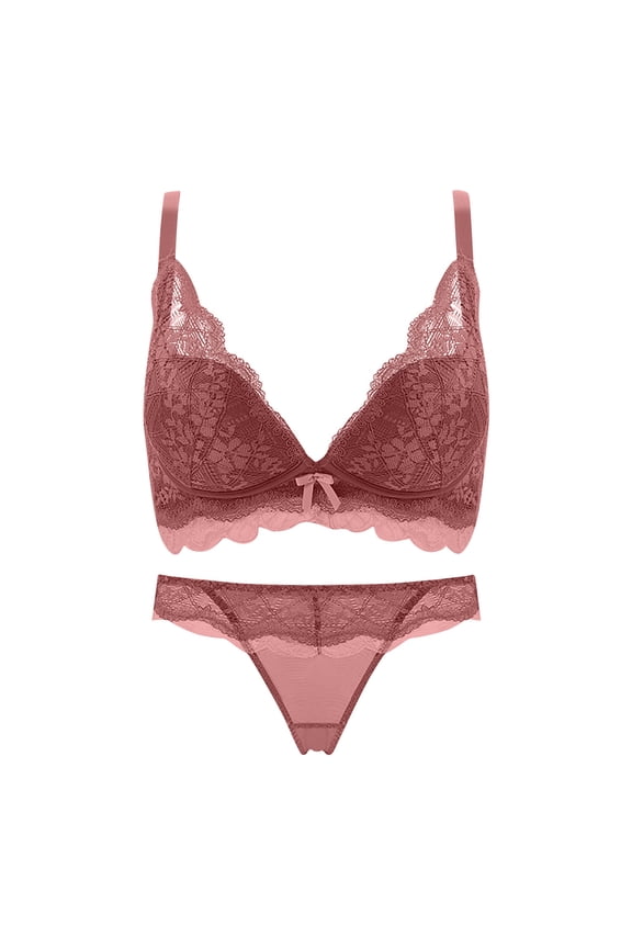 Lingerie Sets for Women Sexy Naughty Fashion Women Solid Color Steel Rings Lace BowCotton Pad Gathering Daily Bra ,Size XXL Wine
