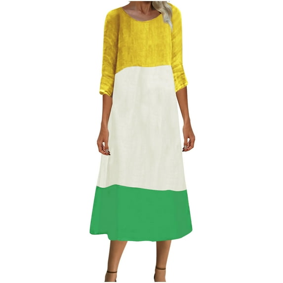 MIUOWANP Maxi Dresses for Women 2024 Plus Size Hot Sell Casual Clothing Women's Summer Casual Loose Long Sleeve Crew Neck Dress Size XL Yellow
