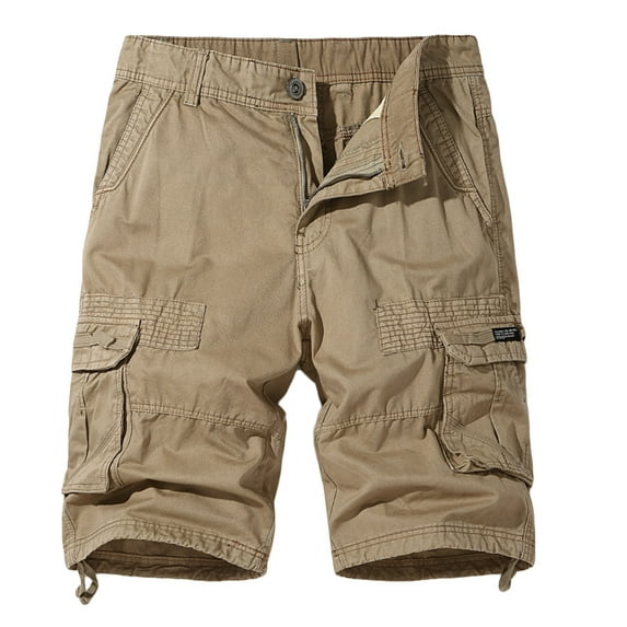 MIUOWANP Men's Cargo Shorts with Multi Pockets Solid Color Loose Fit Outdoor Sport Adjustable Cuffs Half Pants Size S(2)Khaki