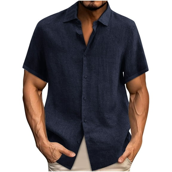 MIUOWANP Men's Casual Button Shirts Fashion Cotton and Linen Solid Short Sleeve Stand Collar Buttons Bloues Navy M
