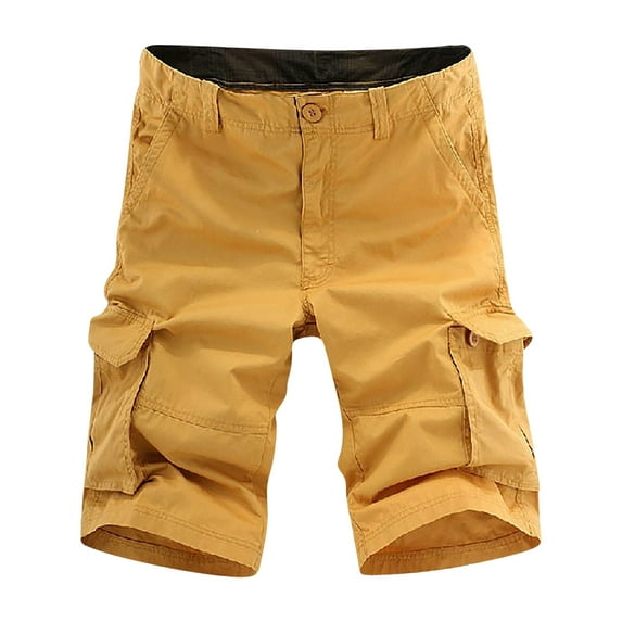 MIUOWANP Men's Casual Cotton Loose Fit Cargo Shorts with Multi Pocket Plus Size Solid Color Durable Straight Pant Size M(4)Yellow