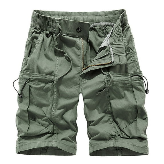MIUOWANP Men's Casual Cotton Loose Fit Cargo Shorts with Multi Pocket Solid Color Drawstring Elastic Waist Cotton Work Shorts Size L(6)Army Green