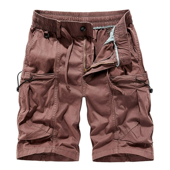 MIUOWANP Men's Casual Cotton Loose Fit Cargo Shorts with Multi Pocket Solid Color Drawstring Elastic Waist Cotton Work Shorts Size M(6)Wine