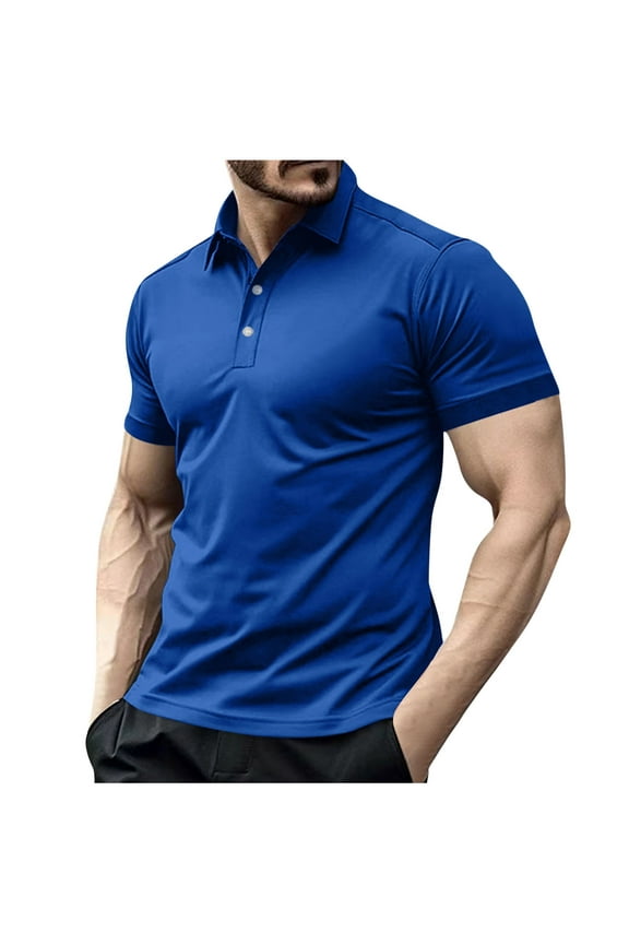 Men's Casual Loose Fit Pure Cotton Sports T-shirt Solid Color Classic Lapel Button Performance Tops Size M(6)Blue