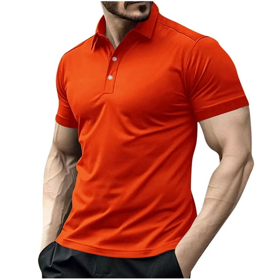 MIUOWANP Men's Casual Loose Fit Pure Cotton Sports T-shirt Solid Color Classic Lapel Button Performance Tops Size XXXL(14)Orange