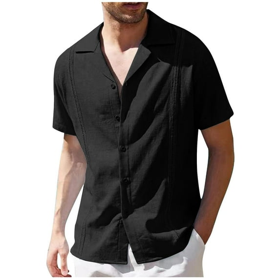 MIUOWANP Men's Casual Short Sleeve T-shirt with Pocket Solid Color Loose Fit Lapel Button up T-shirt Size L(8)Black