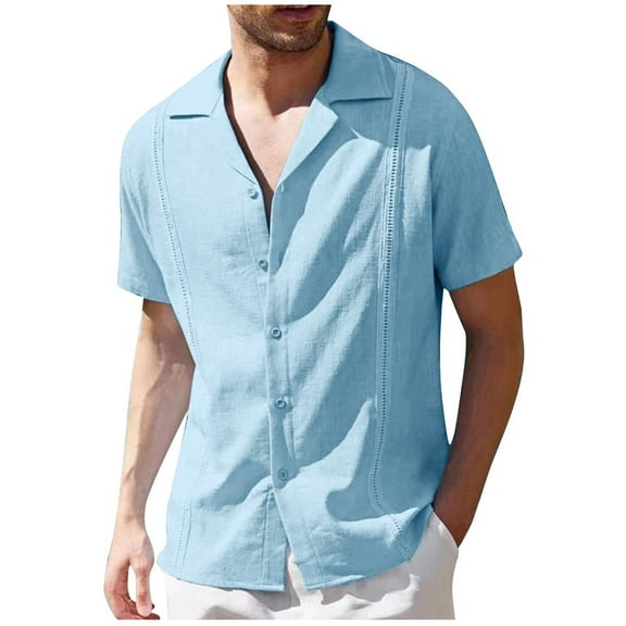 MIUOWANP Men's Casual Short Sleeve T-shirt with Pocket Solid Color Loose Fit Lapel Button up T-shirt Size M(6)Light Blue
