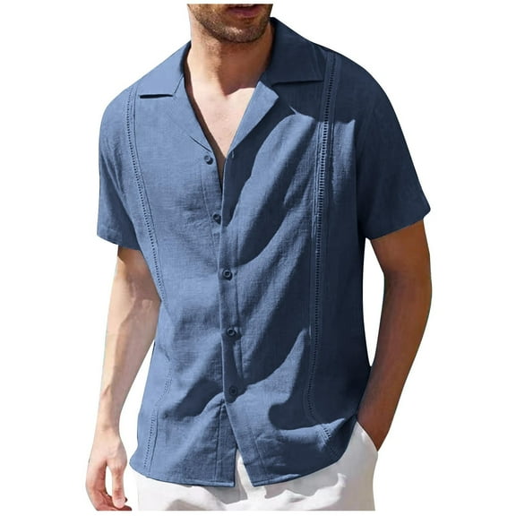 MIUOWANP Men's Casual Short Sleeve T-shirt with Pocket Solid Color Loose Fit Lapel Button up T-shirt Size S(4)Dark Blue