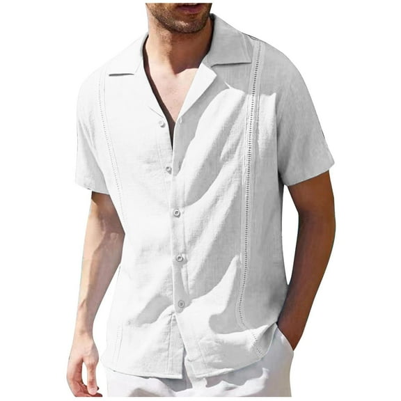 MIUOWANP Men's Casual Short Sleeve T-shirt with Pocket Solid Color Loose Fit Lapel Button up T-shirt Size S(4)White