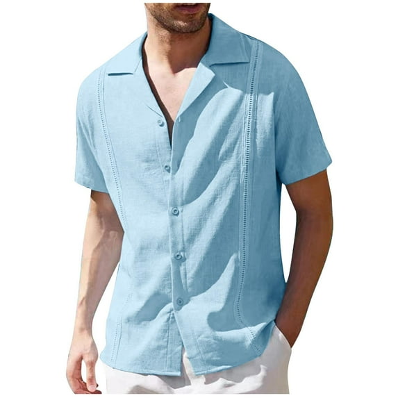 MIUOWANP Men's Casual Short Sleeve T-shirt with Pocket Solid Color Loose Fit Lapel Button up T-shirt Size XXXL(14)Light Blue