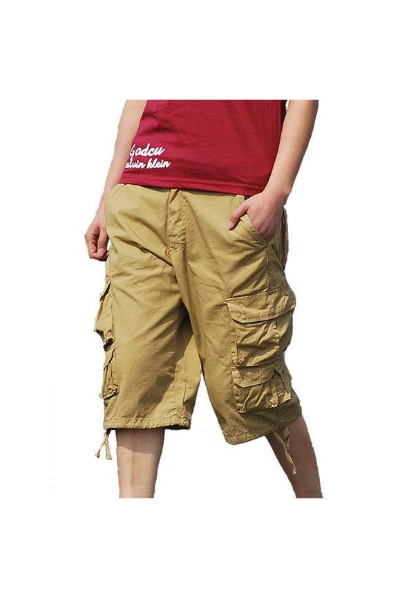 Men's Casual Stretch Waist Shorts with Multi Pockets Solid Color Loose Fit Cargo Shorts Size 34(US Size 8)Khaki