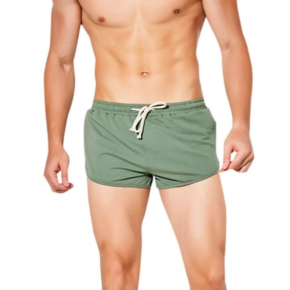 MIUOWANP Men's Cotton Drawstring Elastic Waist Beach Shorts with Pockets Solid Color Quick-dry Surfing Three-Point Pants Size M(4)Green