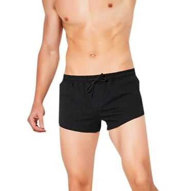MIUOWANP Men's Cotton Drawstring Elastic Waist Beach Shorts with Pockets Solid Color Quick-dry Surfing Three-Point Pants Size S(2)Black