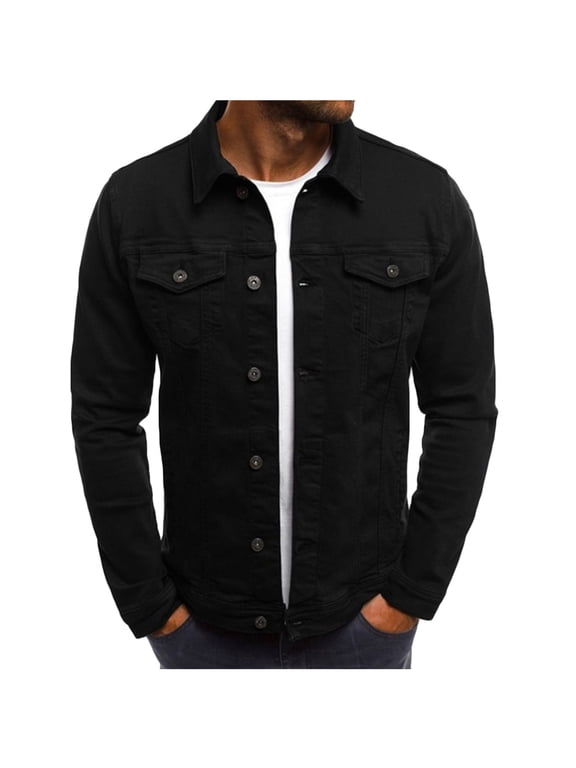 Men's Denim Jackets Winter Button Solid Color Vintage Jacket Tops Blouse Coat on Black M(US 4)