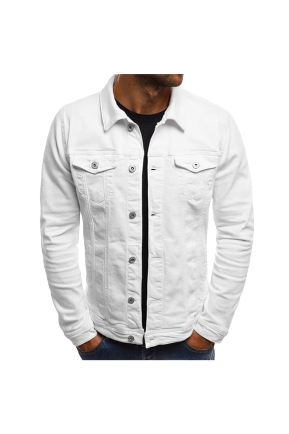 Men's Denim Jackets Winter Button Solid Color Vintage Jacket Tops Blouse Coat on White M(US 4)