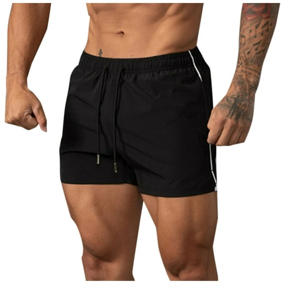 MIUOWANP Men's Drawstring Elastic Waist Beach Shorts with Pockets Solid Color Quick-dry Surfing Three-Point Pants Size M(2)Black