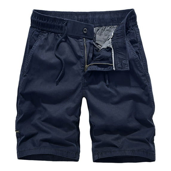 MIUOWANP Men's Drawstring Elastic Waist Cargo Shorts Solid Color Zip Fly Athletic Shorts Casual ShortsM(6)Dark Blue