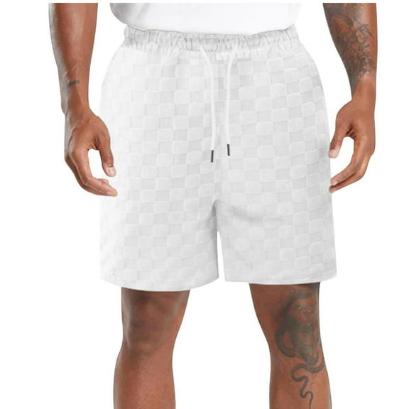 MIUOWANP Men's Drawstring Elastic Waist Sport Shorts with Pockets Chessboard Print Quick-Dry Beach Half Pants Size L(6)White