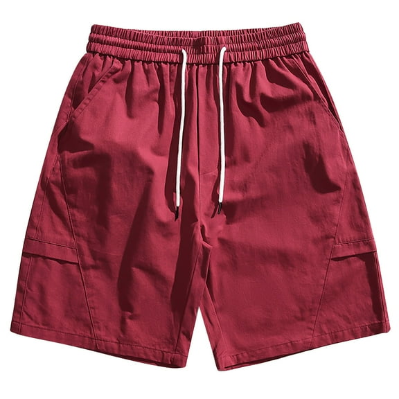 MIUOWANP Men's Drawstring Elastic Waist Sport Shorts with Pockets Solid Color Stylish Cotton Cargo Shorts Size L(6)Wine