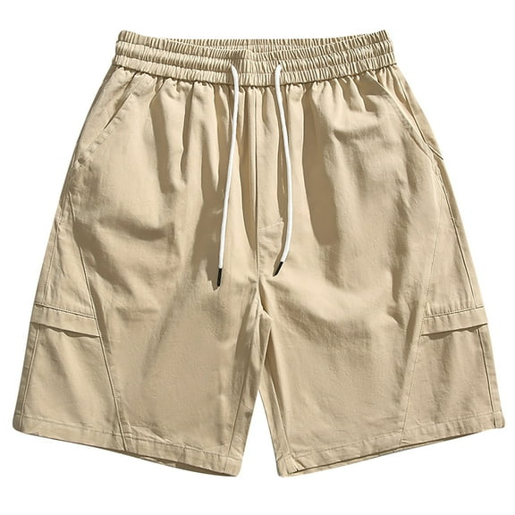 MIUOWANP Men's Drawstring Elastic Waist Sport Shorts with Pockets Solid Color Stylish Cotton Cargo Shorts Size XL(6)Khaki
