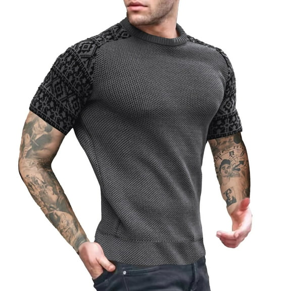 MIUOWANP Men's Fashionable Vintage Shirts Men's Fitness Suit Round Neck Pullover Color Blocked Top Short Sleeved Top Short Sleeved Round Neck Top/shirt Set