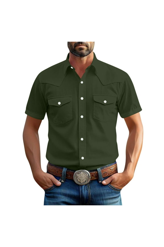 Men's Shirts Plus Size Fashionable Vintage Solid Color Pocket Casual Short Sleeve Turndown Collar Blouse Button up Shirt for Man Dark Green XXL