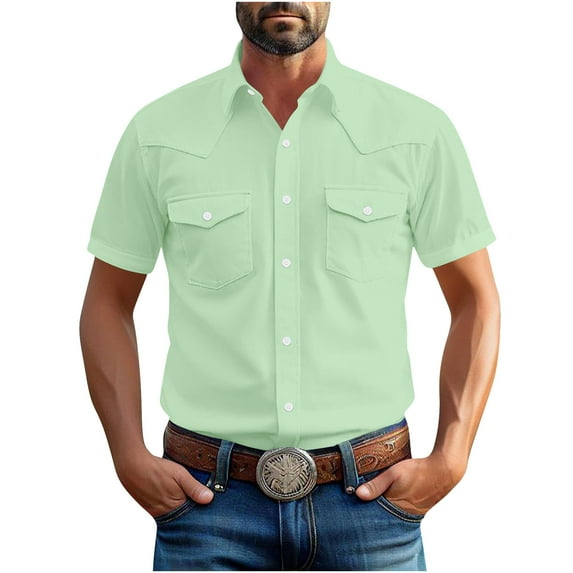 MIUOWANP Men's Fashionable Vintage Solid Color Pocket Casual Short Sleeve Turndown Collar Blouse Shirt Mint Green XXXXXL