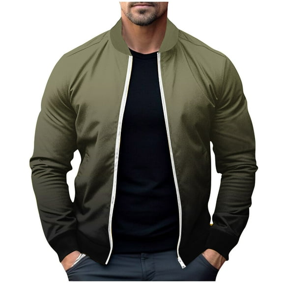 MaFYtyTPR Men's Jackets Lightweight Autumn and Winter Stand-up Collar Gradient Color Coat Long Sleeve Headless Jacket on Army Green XXL(US 12)