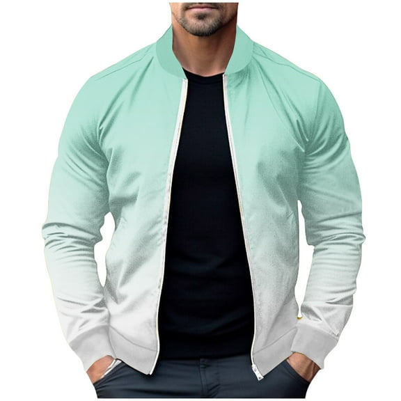 MaFYtyTPR Men's Jackets Lightweight Autumn and Winter Stand-up Collar Gradient Color Coat Long Sleeve Headless Jacket on Mint Green XL(US 10)