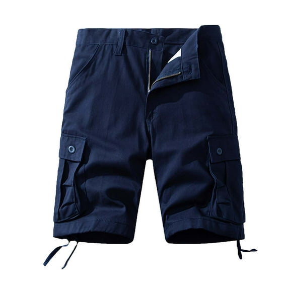 MIUOWANP Men's Loose Fit Multi Pockets Casual Shorts，Plus Size Solid Color Cotton Adjustable Cuffs Cargo Shorts Size M(4)Navy