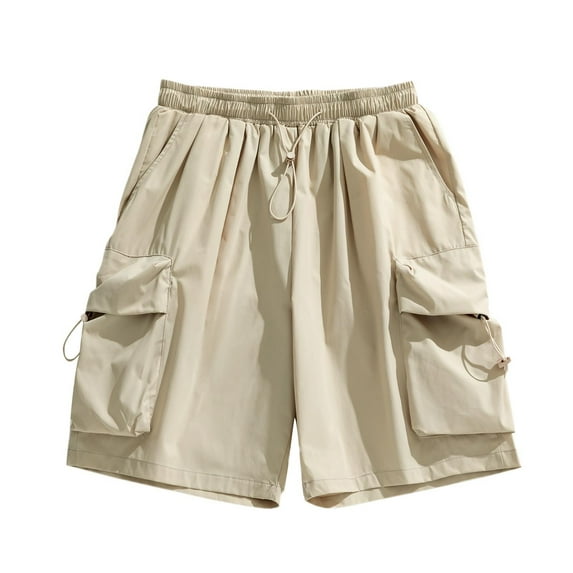 MIUOWANP Men's Loose Fit Sport Shorts with Multiple Pocket Solid Color Drawstring Elastic Waist Casual Half Shorts Size M(4)Khaki