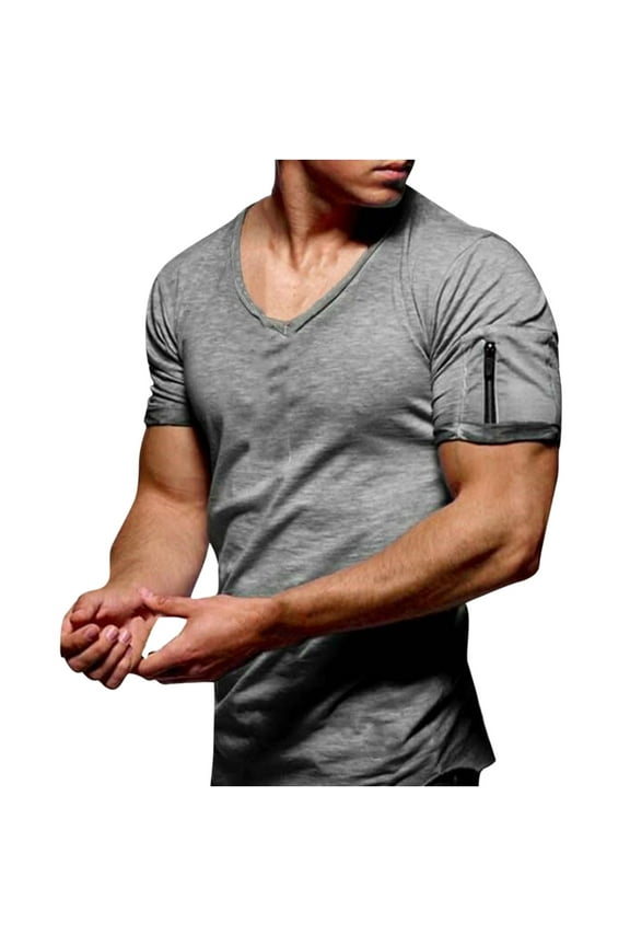 Men's Performance Tops with Arm Zipper Solid Color Sports and Fitness Short Sleeve Solid Pullover V-Neck T-Shirt Size L(8)Gray