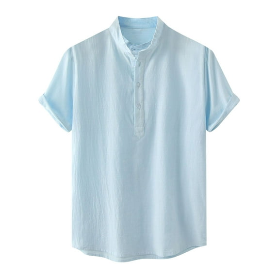 MIUOWANP Men's Pullover Shirts Short Sleeve Casual Solid Color Buttons Beach Shirt Stand-up Collar Business Casual Blouse Size XL(10)Light Blue