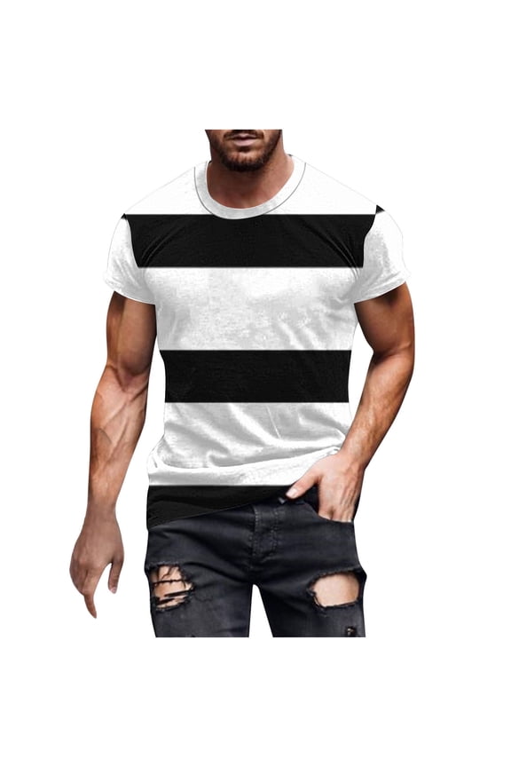 Men's Pullover Shirts Short Sleeve Color Blocking Round Neck Fitness Sports T-Shirt Size M(6)Black