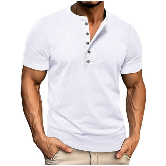 MIUOWANP Men's Casual T-shirt Fashion Pullover Short Sleeve High Elastic Button Round Neck Tops White XL