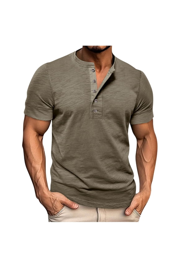 Men's Casual T-shirt Fashion Pullover Short Sleeve High Elastic Button Round Neck Tops Army Green XXL