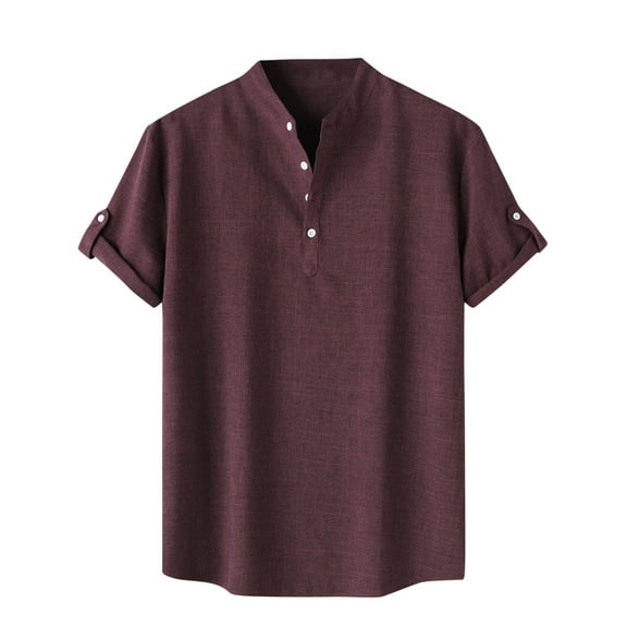 MIUOWANP Men's Pullover Shirts Short Sleeve Solid Color Button Stand Collar Hawaii Blouse Size L(8)Wine
