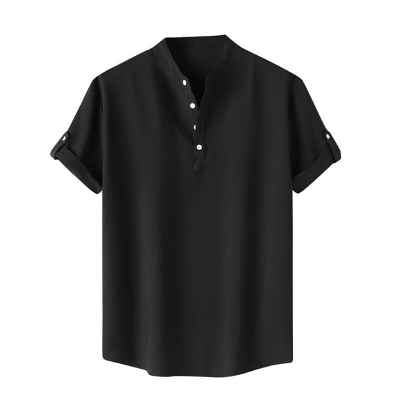 MIUOWANP Men's Pullover Shirts Short Sleeve Solid Color Button Stand Collar Hawaii Blouse Size XXL(12)Black