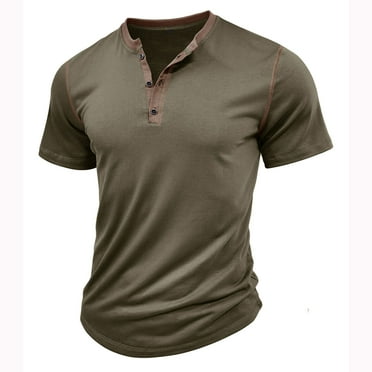 MIUOWANP Men's Pullover Shirts Short Sleeve Solid Color Stylish Button V-Neck T-Shirt Size M(6)Army Green